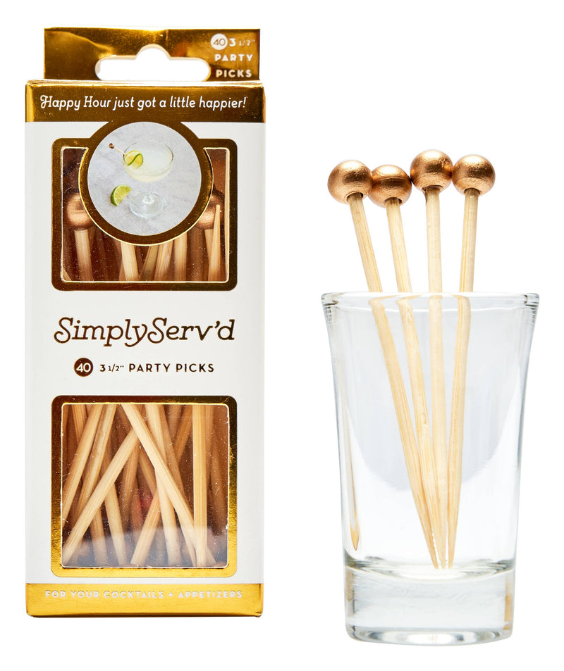 Party Pick Fancy Bamboo Toothpick Small 3.5" Gold Ball 40pk