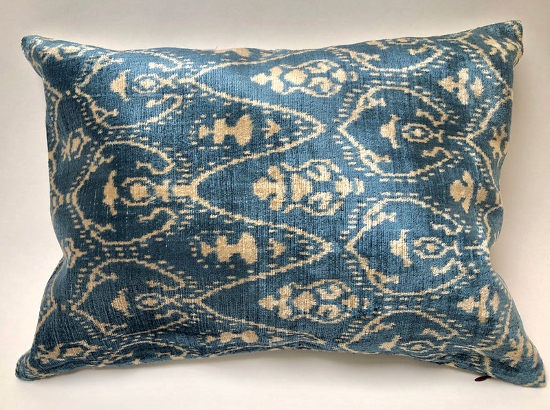 Blue and White Square Silk Velvet Pillow